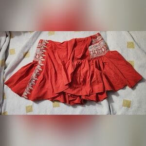 Free People Red/Orange Embroidered Ruffle Skort